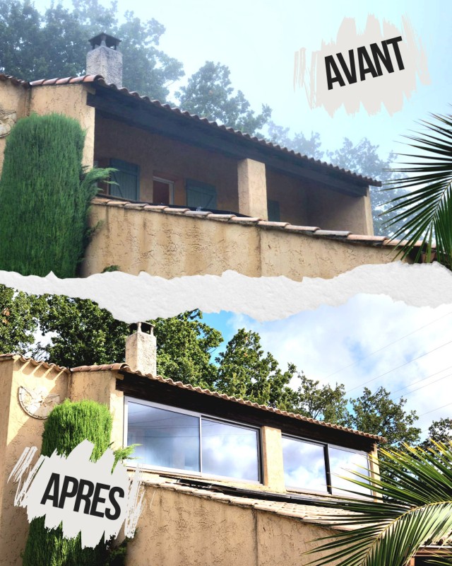 Fermeture d'une terrasse avec deux coulissans soléal en aluminium Technal près de pourrières.